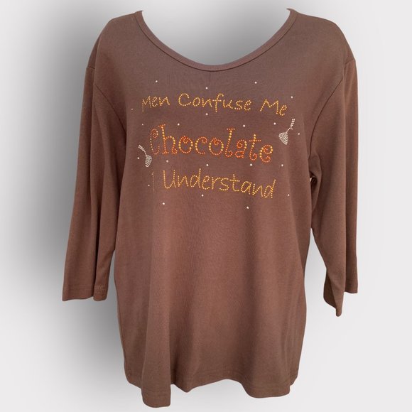 Cactus Bay Womens LOVE CHOCOLATE Bling Brown Top Shirt XL New - Picture 2 of 5